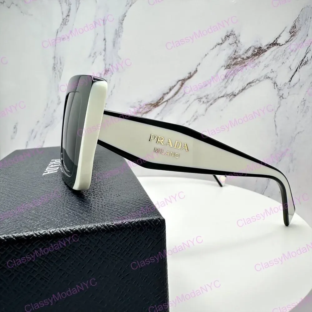 New PRADA Sunglasses Black White Talc Gold Symbole Logo Womens Rectangle